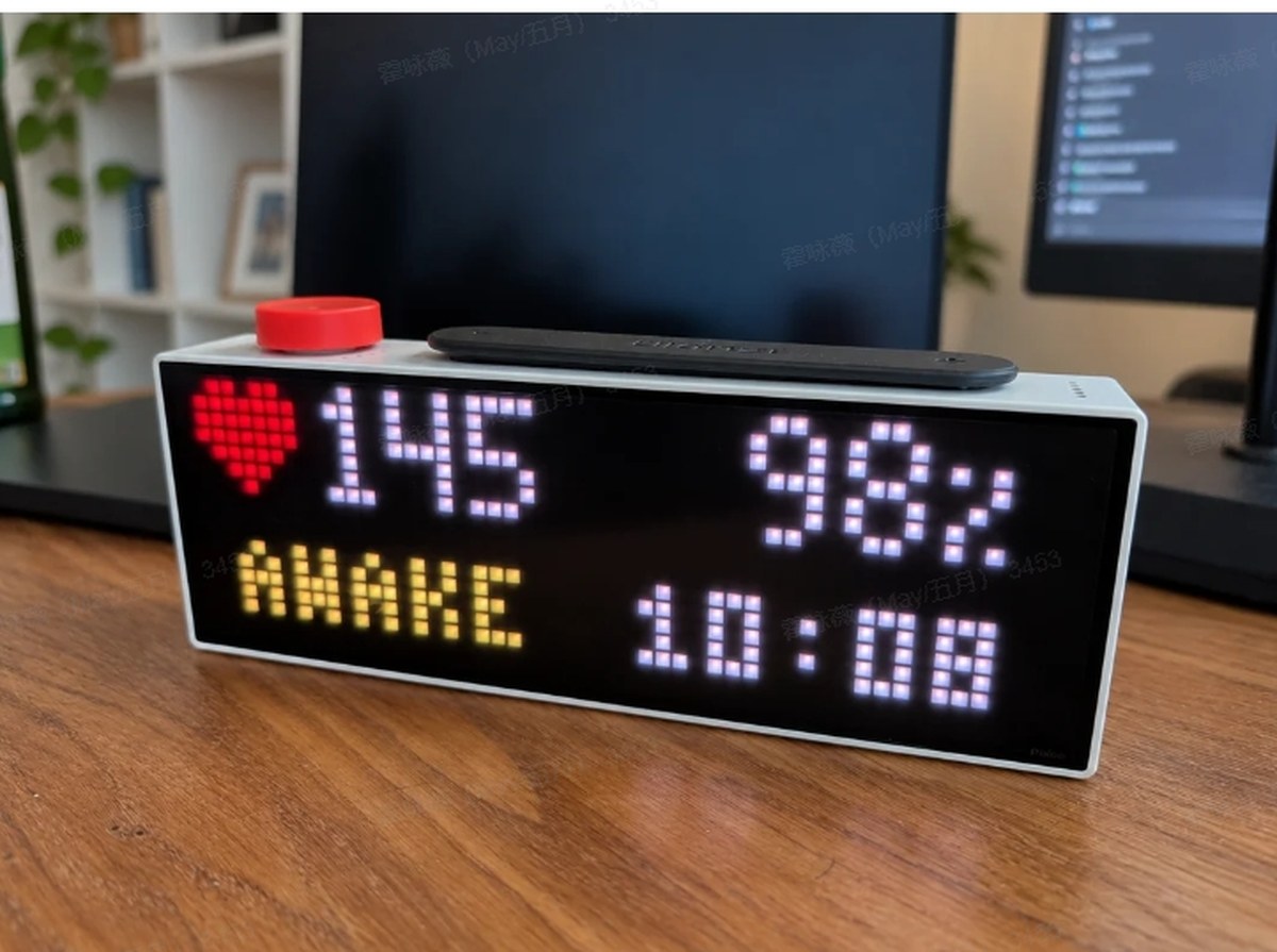 Owlanzi: a Ulanzi TC002 pixel display showing heart rate 145, oxygen 98%, AWAKE and the time